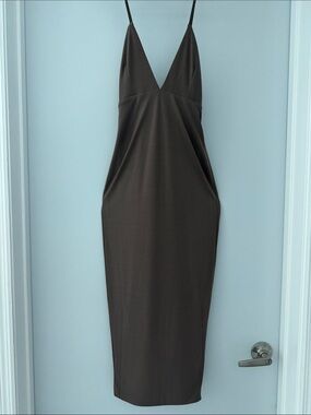 Dance & Marvel Chocolate Brown V-Neck Midi Slip Dress